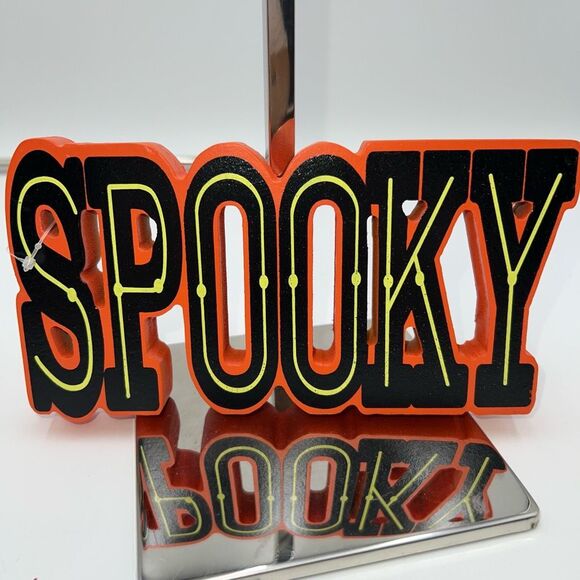 Wooden “Spooky” Block Design Neon Shelf Sign - Picture 1 of 5